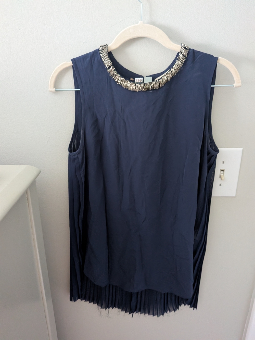 Rebecca Taylor Navy Blue Beaded Collar Pleated Chiffon Tank Top Size 0